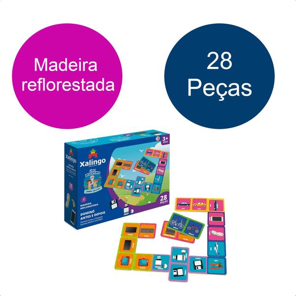 Imagem de Jogo Passatempo Dominó Antes e Depois 28 Peças Em Madeira Reflorestada Pensamento Lógico +3 Anos Xalingo - 17310