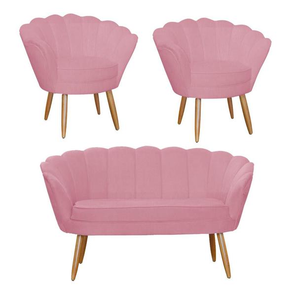 Imagem de Jogo Pétala Namoradeira e 2 Poltronas Estofada Para Recepção Suede Rosa Barbie - LM DECOR