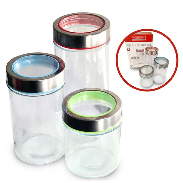 Jogo Porta Mantimentos Hermético Em Vidro Tampa Inox 3 Peças - HausKraft Imagem de Jogo Porta Mantimentos Hermético Em Vidro Tampa Inox 3 Peças