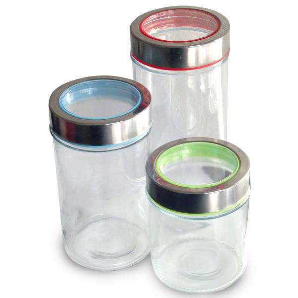 Jogo Porta Mantimentos Hermético Em Vidro Tampa Inox 3 Peças - HausKraft Imagem de Jogo Porta Mantimentos Hermético Em Vidro Tampa Inox 3 Peças