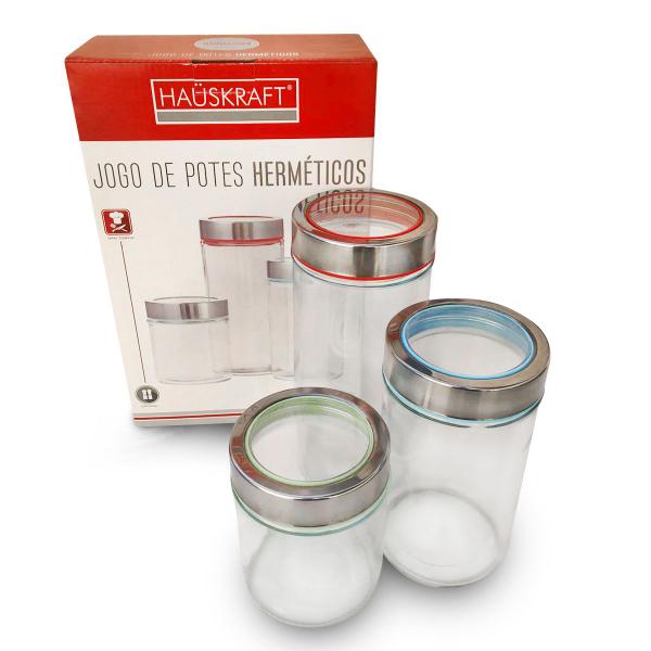 Jogo Porta Mantimentos Hermético Em Vidro Tampa Inox 3 Peças - HausKraft Imagem de Jogo Porta Mantimentos Hermético Em Vidro Tampa Inox 3 Peças