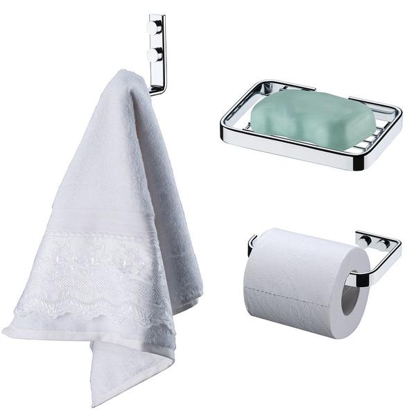 Imagem de Jogo porta sabonete suporte papel higiênico toalheiro em aço cromado papeleira cabideiro para lavabo