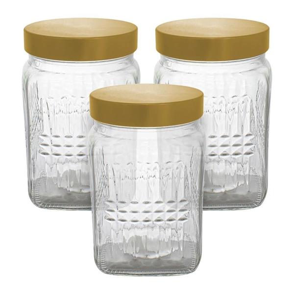 Jogo Potes Vidro Mantimentos Dourado 950Ml 3 Peças - Casambiente Imagem de Jogo Potes Vidro Mantimentos Dourado 950Ml 3 Peças
