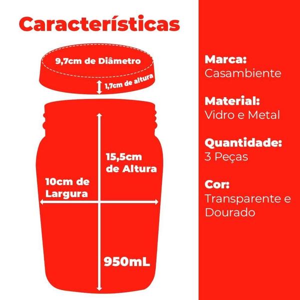Jogo Potes Vidro Mantimentos Dourado 950Ml 3 Peças - Casambiente Imagem de Jogo Potes Vidro Mantimentos Dourado 950Ml 3 Peças