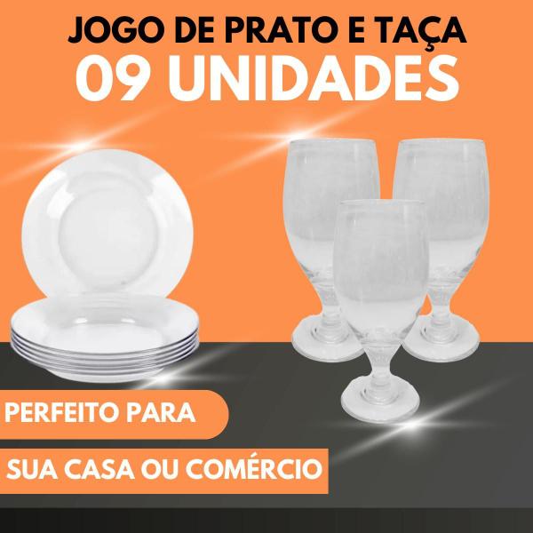 Imagem de Jogo Pratos Liso Fundo + Taças 350ml Vidro Aparelho de Jantar 9 Peças