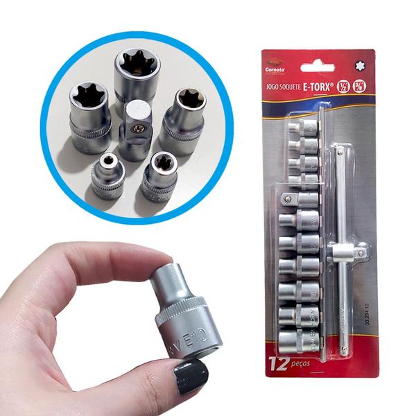 Imagem de Jogo Soquete E-Torx Femea 1/2 e 3/8 Adaptador 12pcs Corneta 