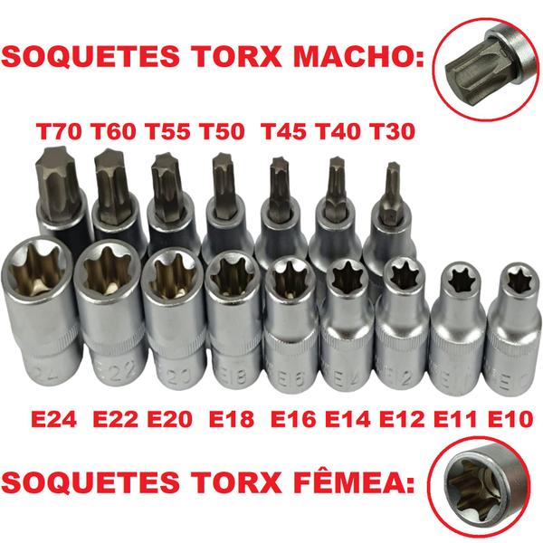 Imagem de Jogo Soquetes Bits Torx Macho Femea Profissional Tapeceiro Automotivo 16 Peça Maleta C/ Cabo de Força 1/2" CRV