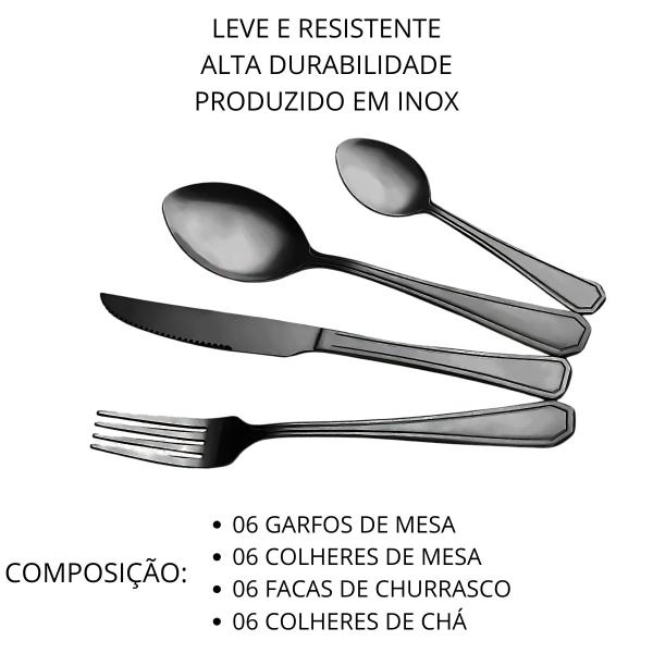 Imagem de Jogo Talheres Preto 24 Peças Colher Garfo Faca Cozinha Inox