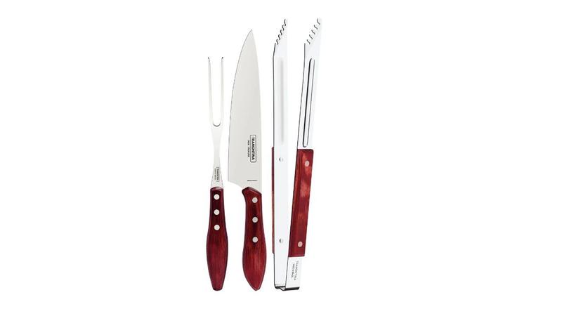 Imagem de Jogo Trinchante Churrasco Lâminas em Aço Inox e Cabos de Madeira Tratada Polywood Vermelho 03 PC - Tramontina