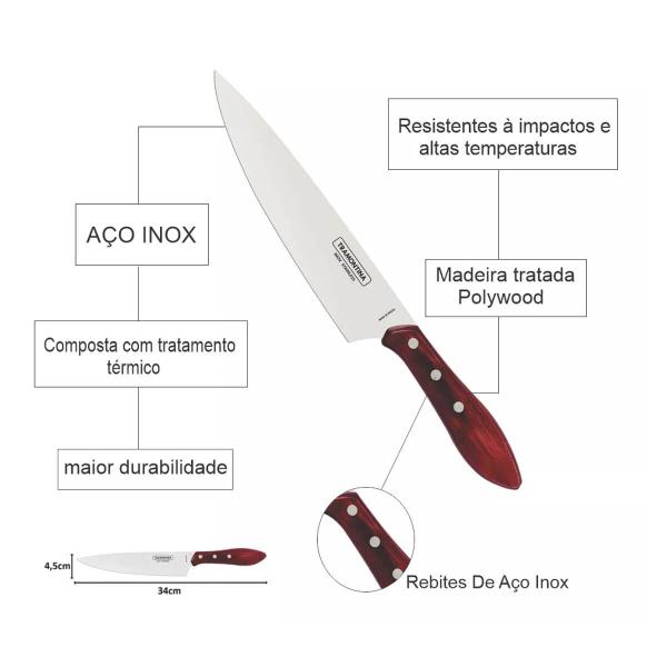 Imagem de Jogo Trinchante Faca 8' Garfo e Pegador de Carne Tramontina Aço Inox e Cabos Polywood Vermelho