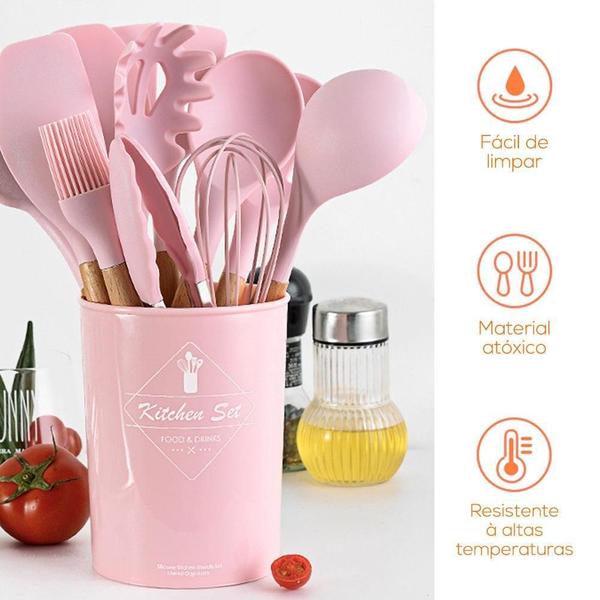 Imagem de Jogo Utensílios Cozinha Em Silicone E Madeira 12 Peças Rosa