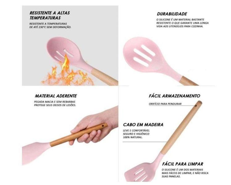 Imagem de Jogo Utensílios de Cozinha em Silicone Madeira 12 Peças - Kit Girl