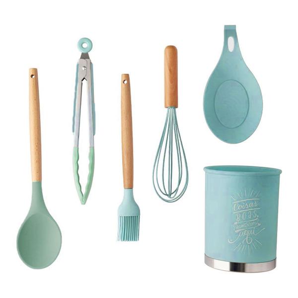 Imagem de Jogo Utensílios De Cozinha Silicone e Madeira Azul 13 Peças