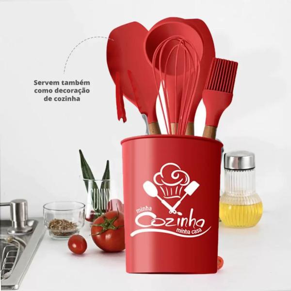 Imagem de Jogo Utensílios Silicone 7Pçs Cozinha Decoração Cabo Madeira