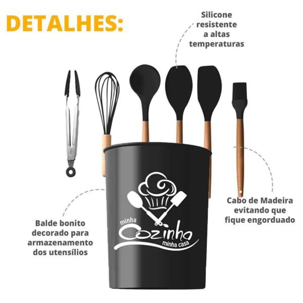 Imagem de Jogo Utensílios Silicone 7Pçs Cozinha Decoração Cabo Madeira