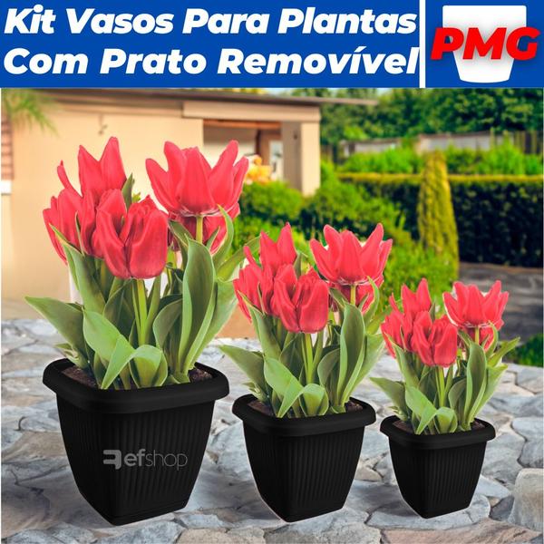 Imagem de Jogo Vasos Para Plantas C/ Prato P M G Decoração Casa Jardim Varanda