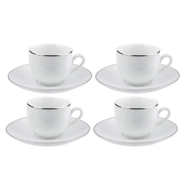 Imagem de Jogo Xicaras De Chá Café Com Pires 220ml Porcelana Kit 4 Peças Borda Prata Luxo Legacy Silver