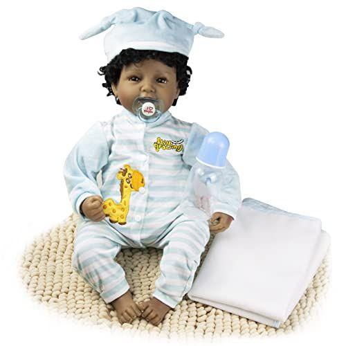 Imagem de JRLCGYP Reborn Baby Dolls Black Boy, 22" African American Realistic Silicone Vinyl Soft Body Baby Doll, Lifelike Weighted Body Doll, Birthday Gift Set for Toddler Aged 3+