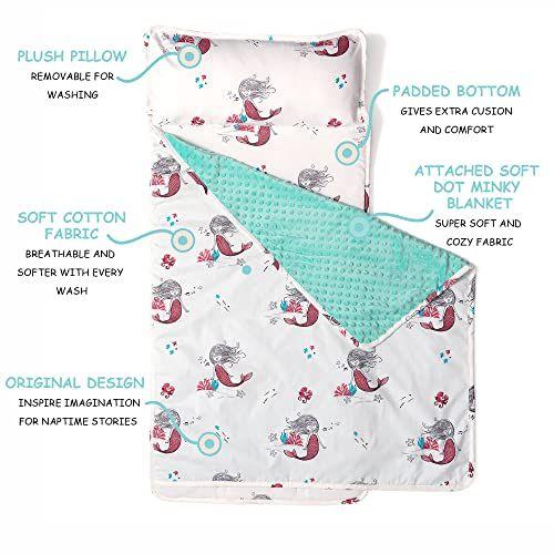 Imagem de JumpOff Jo - Toddler Nap Mat - Saco de Dormir Infantil com Travesseiro Removível para Pré-Escola, Creche e Sleepovers - Medidas 43 x 21 Polegadas com Design Original - Sereias