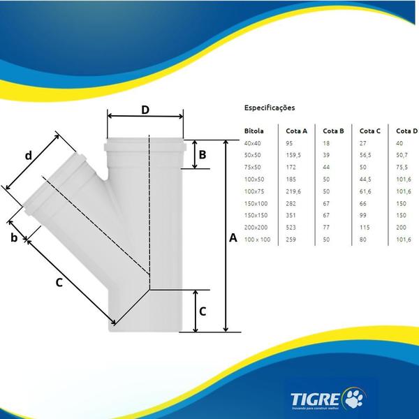 Imagem de Junção Redução Em Y 45 Graus PVC Branca Para Canos De Água De Esgoto De 6x6” DN 150x100mm Tigre