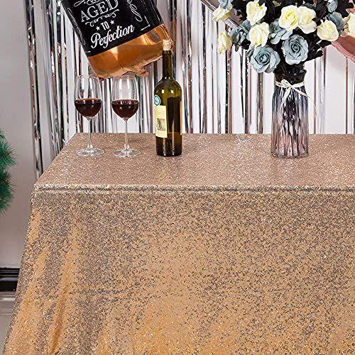 Imagem de JYFLZQ Champagne Sequin Toalha de mesa 90 "x 132" Retangular Brilhantemente Drape Panos de Mesa Cobertura de Mesa Sobreposição para Festa de Aniversário de Casamento Chá de Noiva Bebê