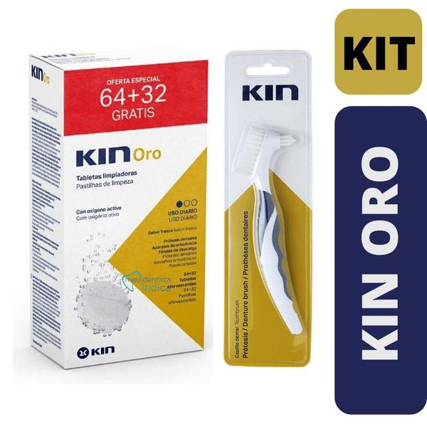 Imagem de KIN ORO  Kit 96 Pastilhas + 1 Escova  Limpeza de Próteses e Aparelhos