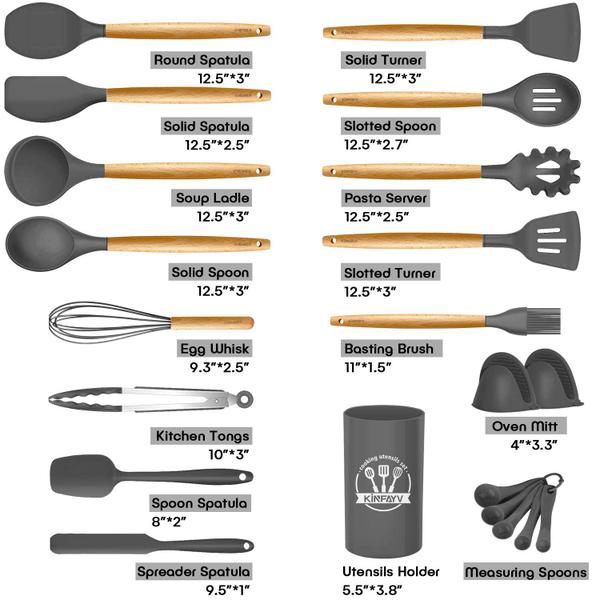 Imagem de Kinfayv Silicone Cooking Utensils Kitchen Utensil Set, 21 PCS Cabo de Madeira BPA Colher de Silicone Livre Colher de Silicone Espátula Turner Tongs Utensílios de Cozinha Conjunto utensílio para panela antiaderente com suporte (cinza)