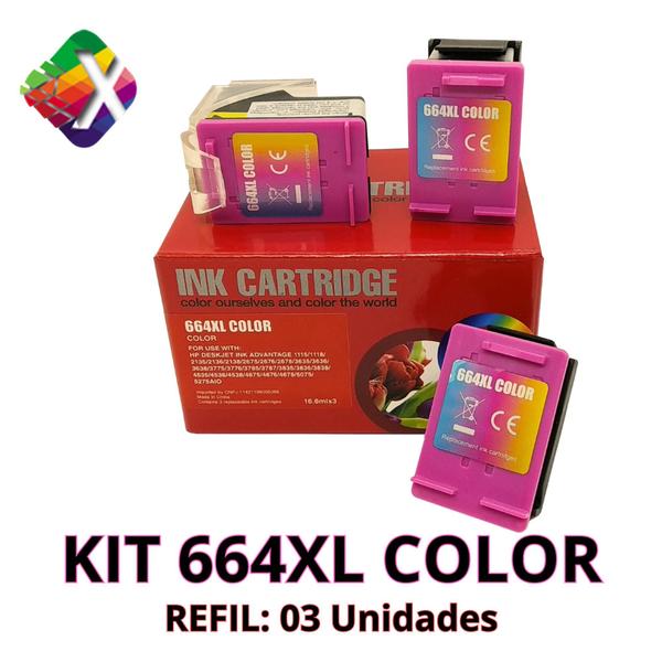 Imagem de Kit 01 Cartucho+02 Refis 664XL colorido compativel (F6V30AB) 16,6 mls cada