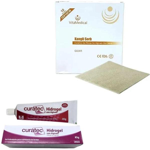 Imagem de Kit 01 Hidrogel Curatec 85g + 10 Alginato Calcio 10x10cm Vtm