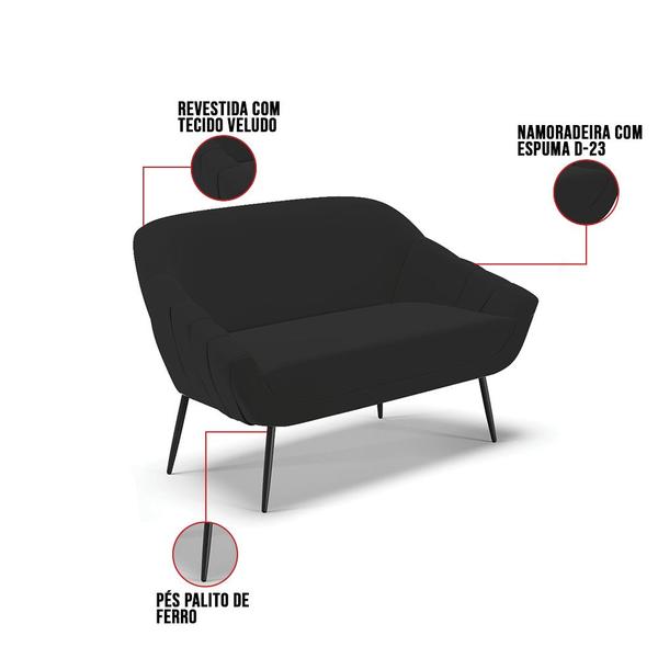 Imagem de Kit 01 Namoradeira 02 Lugares e 01 Poltrona Giovana Veludo Pés Palito de Ferro - D'Rossi