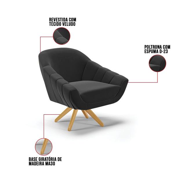 Imagem de Kit 01 Namoradeira 02 Lugares e 01 Poltrona Giratória Giovana Veludo Base Madeira MA30 - D'Rossi