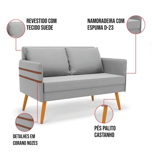 Imagem de Kit 01 Namoradeira 02 Lugares e 01 Poltrona Mari Suede Cinza Pés Palito Castanho - D'Rossi