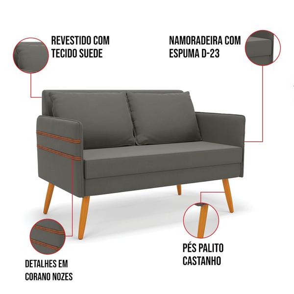 Imagem de Kit 01 Namoradeira 02 Lugares e 01 Poltrona Mari Suede Pés Palito Castanho - D'Rossi