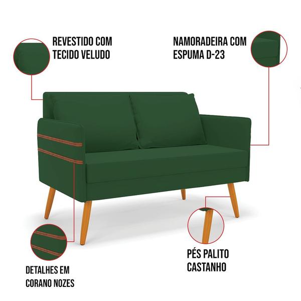 Imagem de Kit 01 Namoradeira 02 Lugares e 01 Poltrona Mari Veludo Verde Base de Madeira MA30