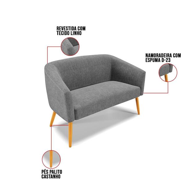 Imagem de Kit 01 Namoradeira 02 Lugares e 01 Poltrona Stella Linho Grafite A26 Pés Palito Castanho - D'Rossi