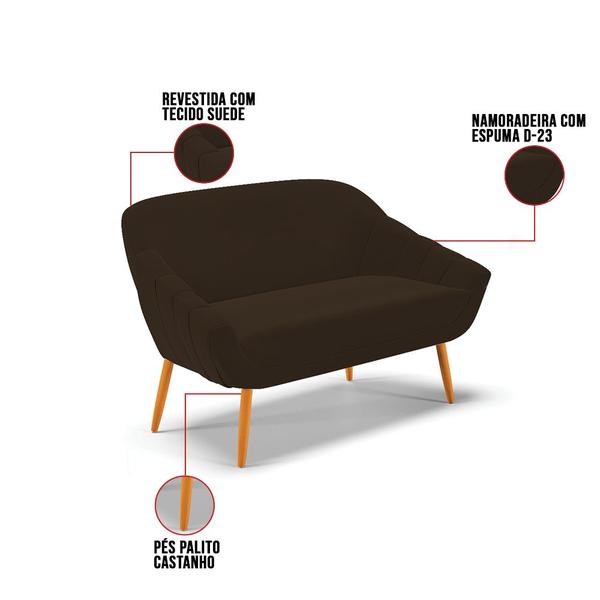 Imagem de Kit 01 Namoradeira 02 Lugares e 02 Poltronas Giratória Giovana Suede Marrom Base Madeira MA30 - D'Rossi