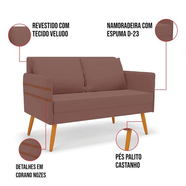 Imagem de Kit 01 Namoradeira 02 Lugares e 02 Poltronas Mari Veludo Pés Palito Castanho - D'Rossi