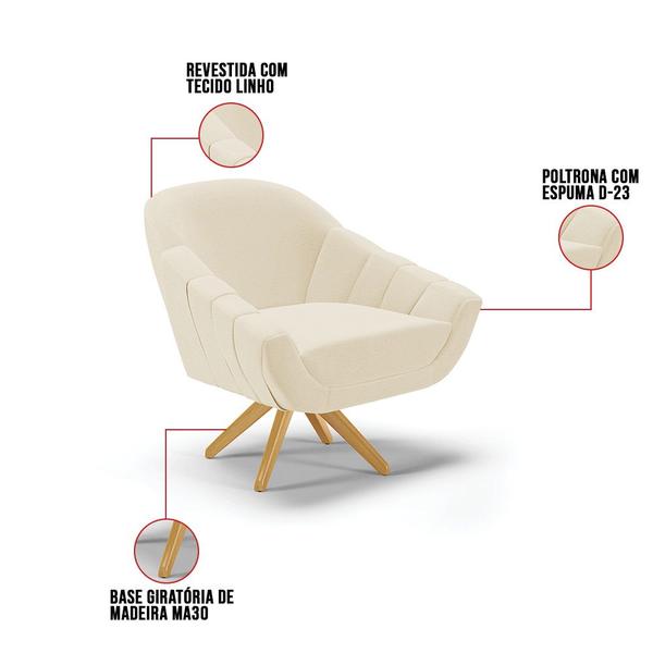 Imagem de Kit 01 Namoradeira Giovana Pés Palito Natural e 02 Poltronas Giratória Giovana Linho Base Madeira MA30 - D'Rossi