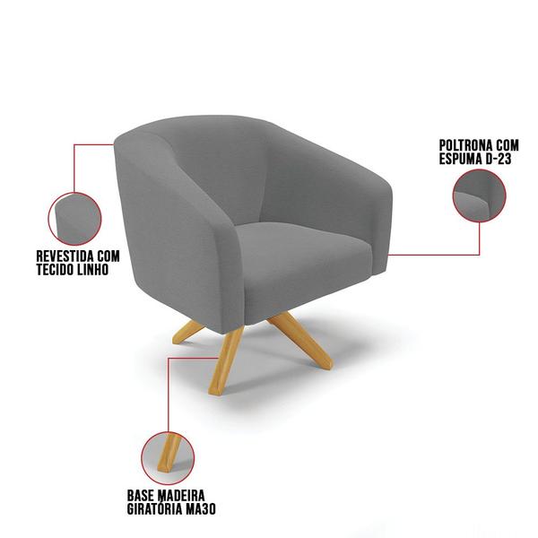 Imagem de Kit 01 Namoradeira Pés Palito Natural e 01 Poltrona Giratória Stella Linho Grafite A26 Base Madeira MA30 - D'Rossi