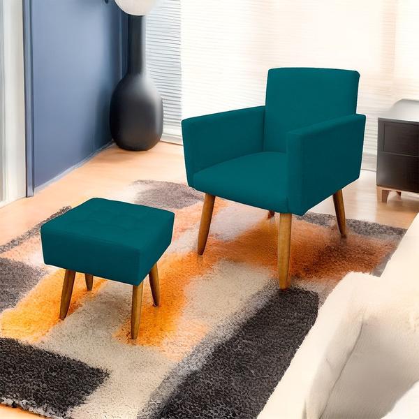 Imagem de Kit 01 Poltrona Gênesis e 01 Puff Retangular Decorativos para Sala e Quarto Pés Palito Suede Azul Turquesa - WeD Decor