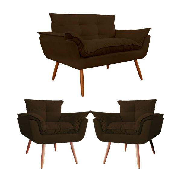 Imagem de Kit 01 Sofá 2 lugares Namoradeira e 02 Poltronas Decorativas Opala para Sala e Quarto Pés Palito Suede Escolha Sua Cor - WeD Decor