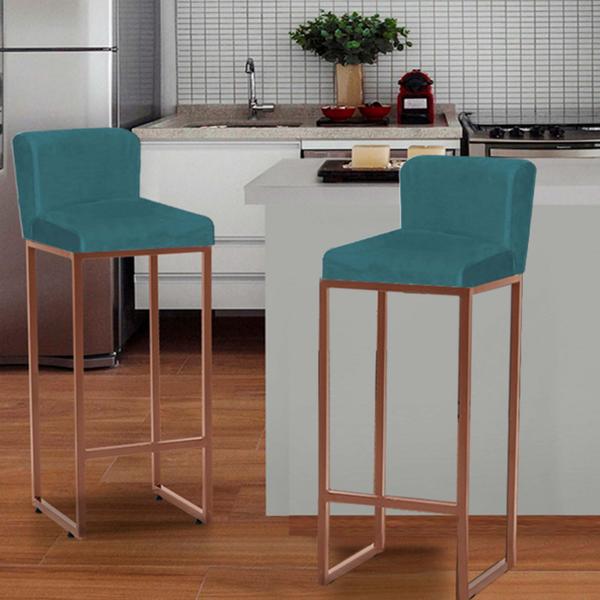 Imagem de Kit 02 Banqueta Alta Com Encosto Lucca Industrial Cozinha Balcão Bistrô Ferro Bronze Suede Azul Turquesa - Ahazzo Móveis