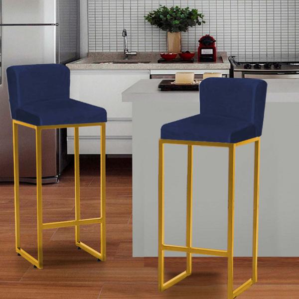 Imagem de Kit 02 Banqueta Alta Com Encosto Lucca Industrial Cozinha Balcão Bistrô Ferro Dourado Suede Azul Marinho -Ahazzo Móveis