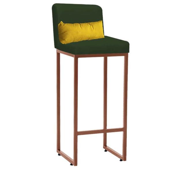 Imagem de Kit 02 Banqueta Alta com Encosto Lucca Industrial Cozinha Balcão Ferro Bronze Suede Verde e Almofada Amarelo - Ahazzo Móveis