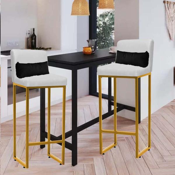 Imagem de Kit 02 Banqueta Alta com Encosto Lucca Industrial Cozinha Balcão Ferro Dourado material sintético Branco e Almofada Preto - Ahazzo Móveis