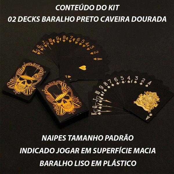 Kit 02 Baralho Preto e Dourado Ouro Caveira Impermeável Skull Black Luxo Colecionador Mágica Liso Truco Poker - Boa Ideia Variedades e Presentes Imagem de Kit 02 Baralho Preto e Dourado Ouro Caveira Impermeável Skull Black Luxo Colecionador Mágica Liso Truco Poker