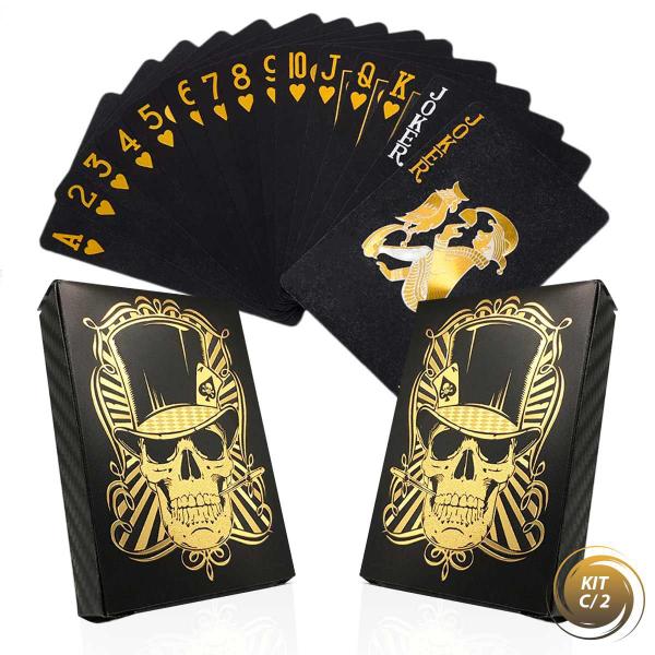 Imagem de Kit 02 Baralho Preto e Dourado Ouro Caveira Impermeável Skull Black Luxo Colecionador Mágica Liso Truco Poker