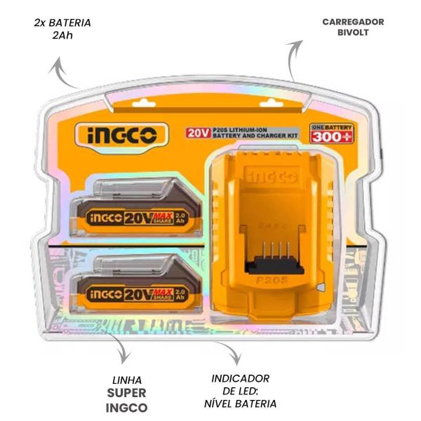 Imagem de Kit 02 Baterias Ingco 2.0 amper e Carregador 20v Bivolt