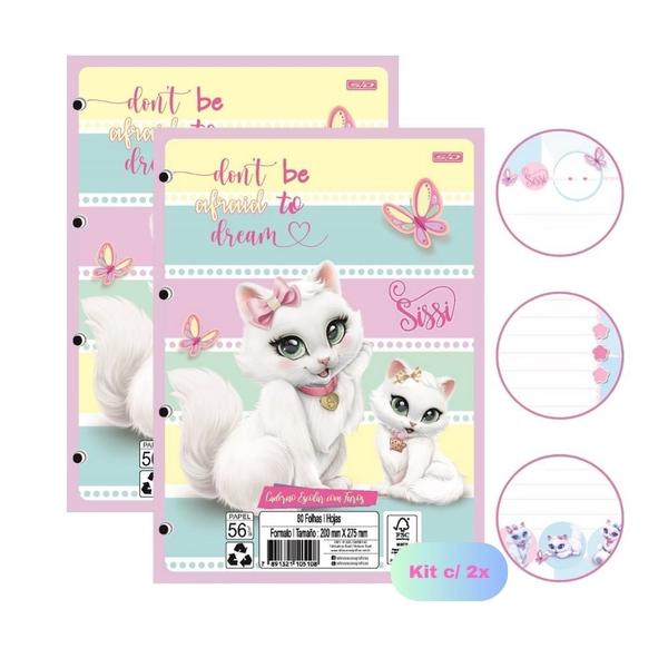 Imagem de Kit 02 Blocos de Folhas Para Fichário Caderno Argolado Gatinha SISSI Decorado 80 Folhas São Domingos