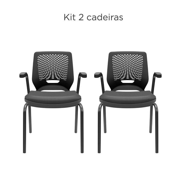 Imagem de KIT 02 Cadeiras de Escritório Fixa Aproximação 4 pés com Braço Beezi Encosto Preto Assento Material Sintético PLAXMETAL